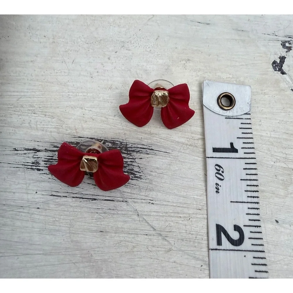 Red Bow Stud Earrings Gold Accent‎ | Cute Holiday Christmas Gift | NEW